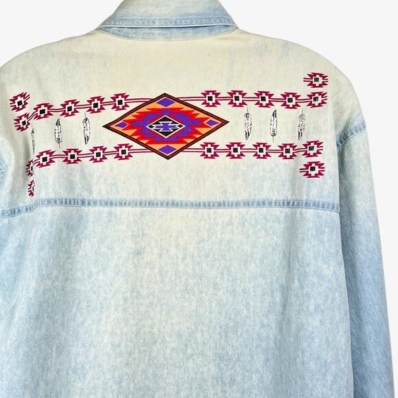 Vintage Denim Shirt Aztec Design Button Up Acid Wash Blue Mens Medium 80s Cowboy - Picture 6 of 10